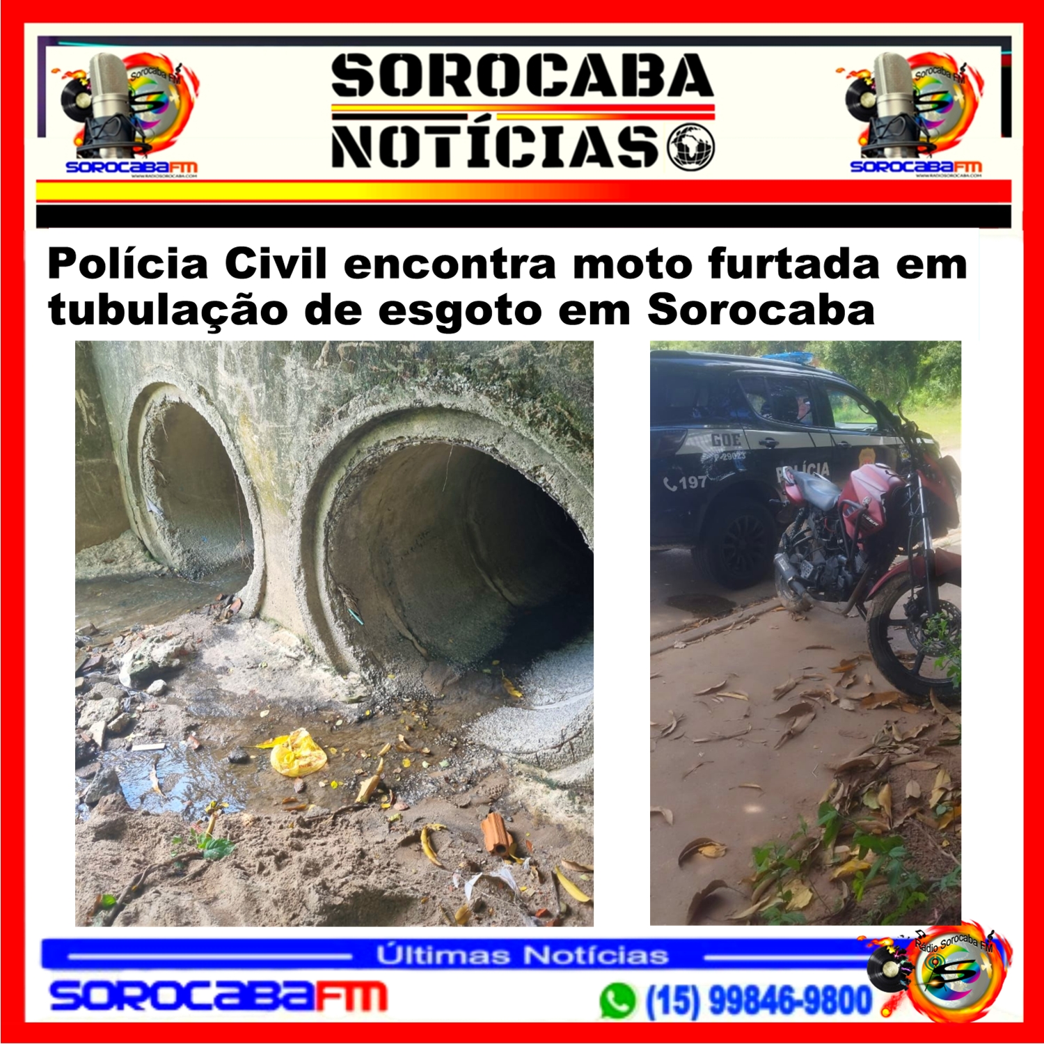 Polícia Civil encontra moto furtada em tubulação de esgoto em Sorocaba